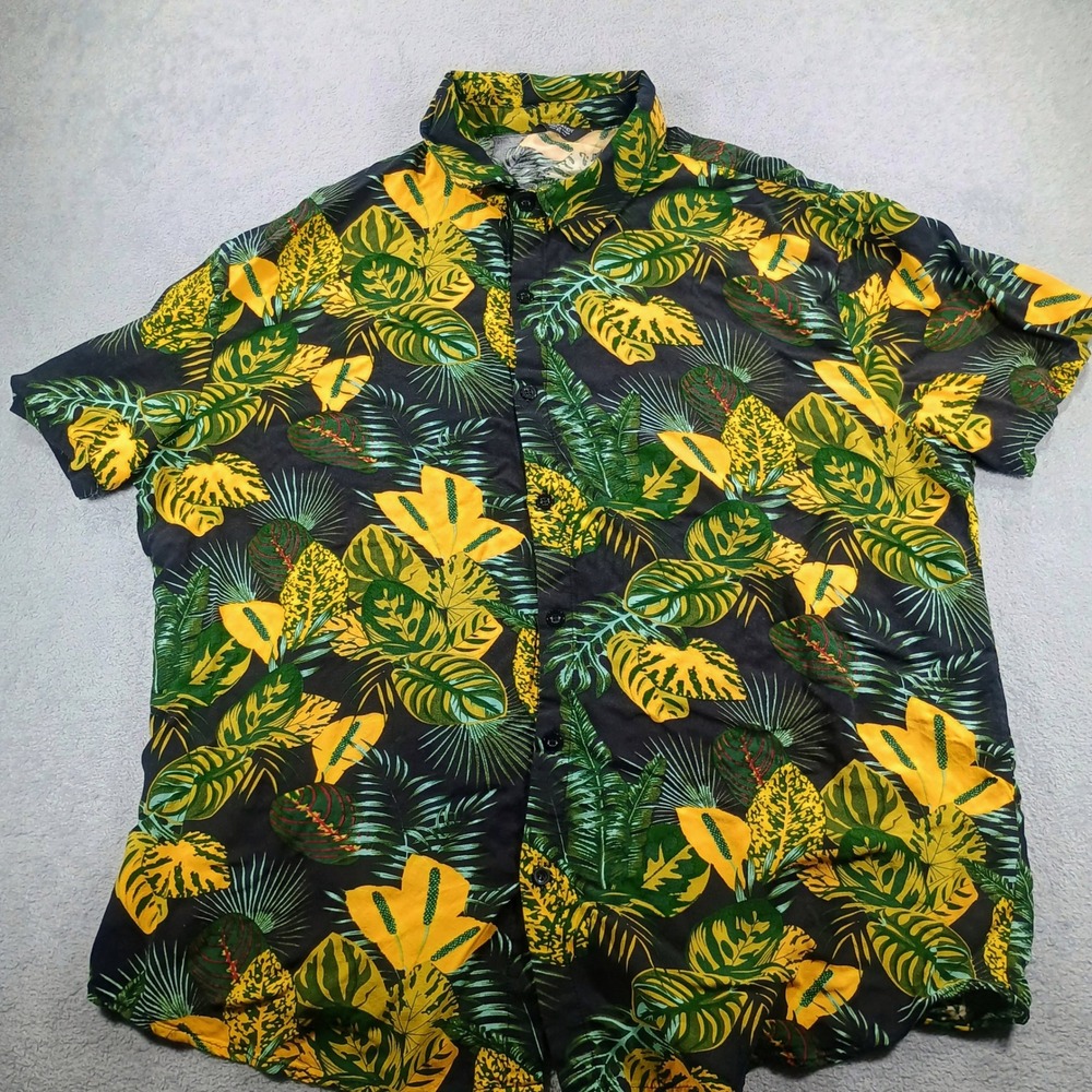 Coofandy Mens Tropical Button Down Shirt Black Yellow XL Floral Leaf Print